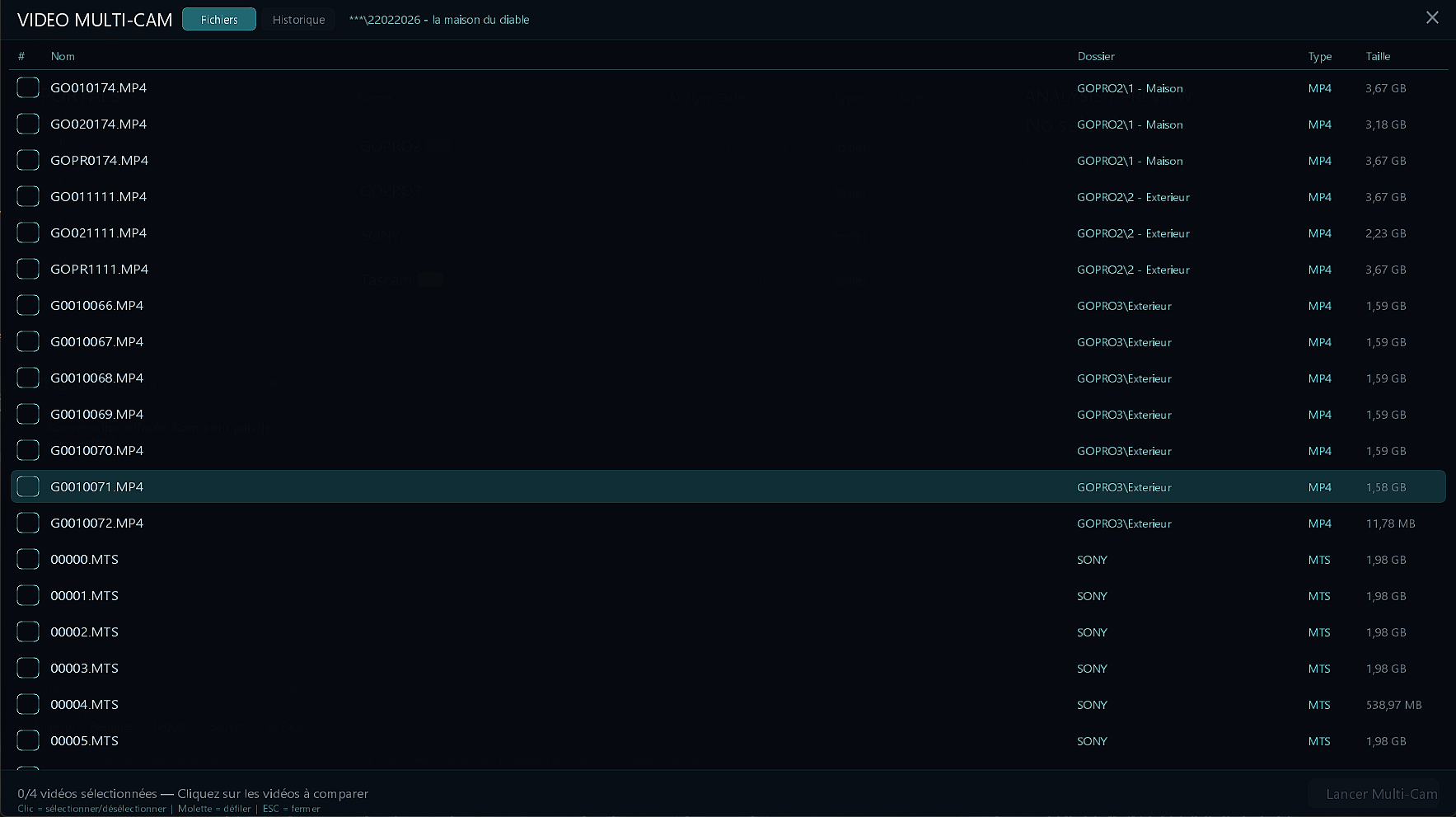 Multi-Cam — Selection des videos