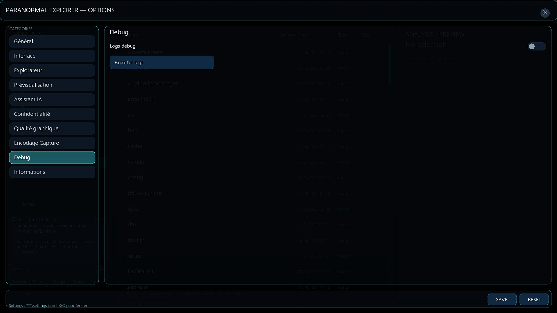 Parametres — Debug