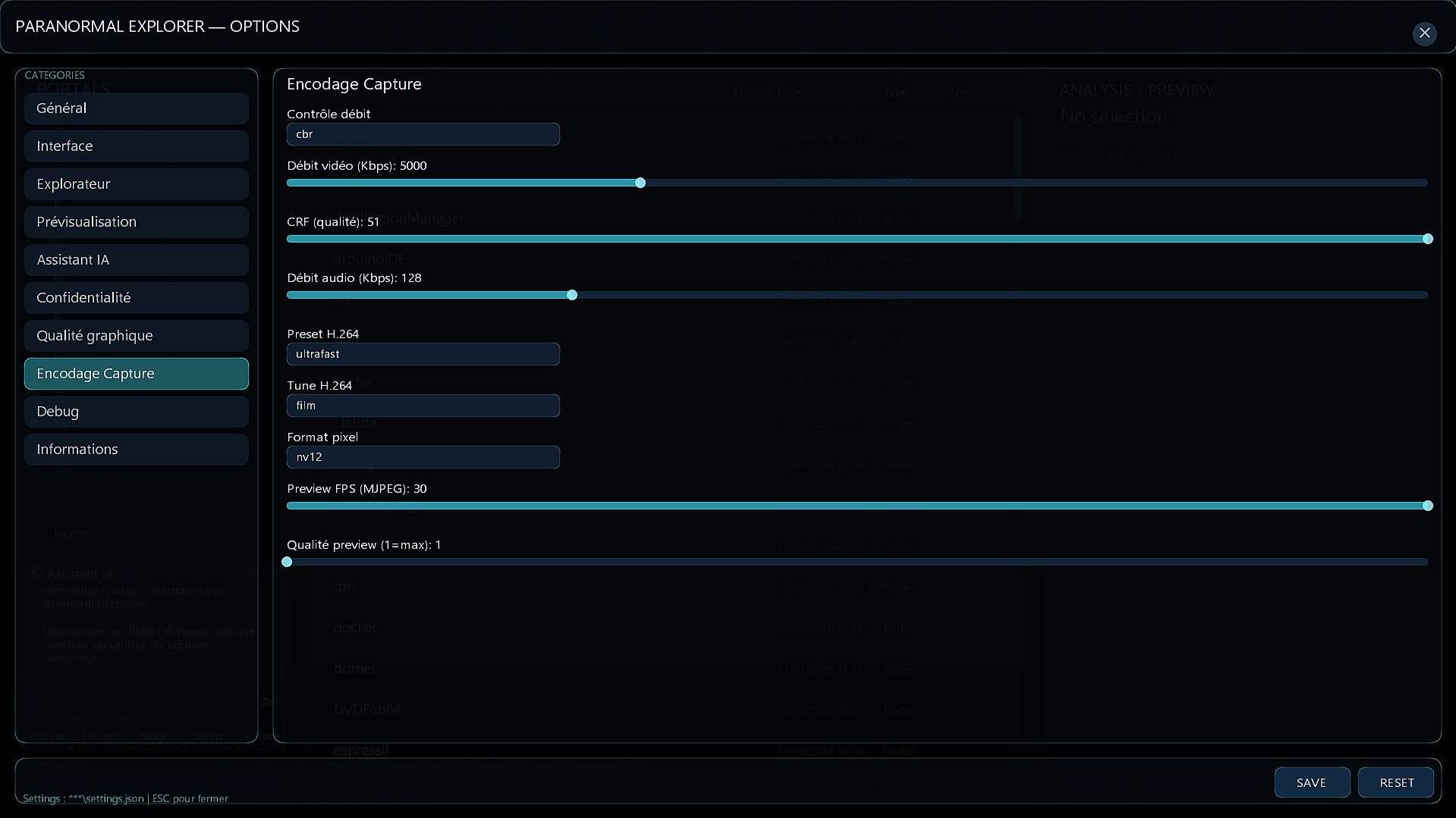 Parametres — Encodage capture