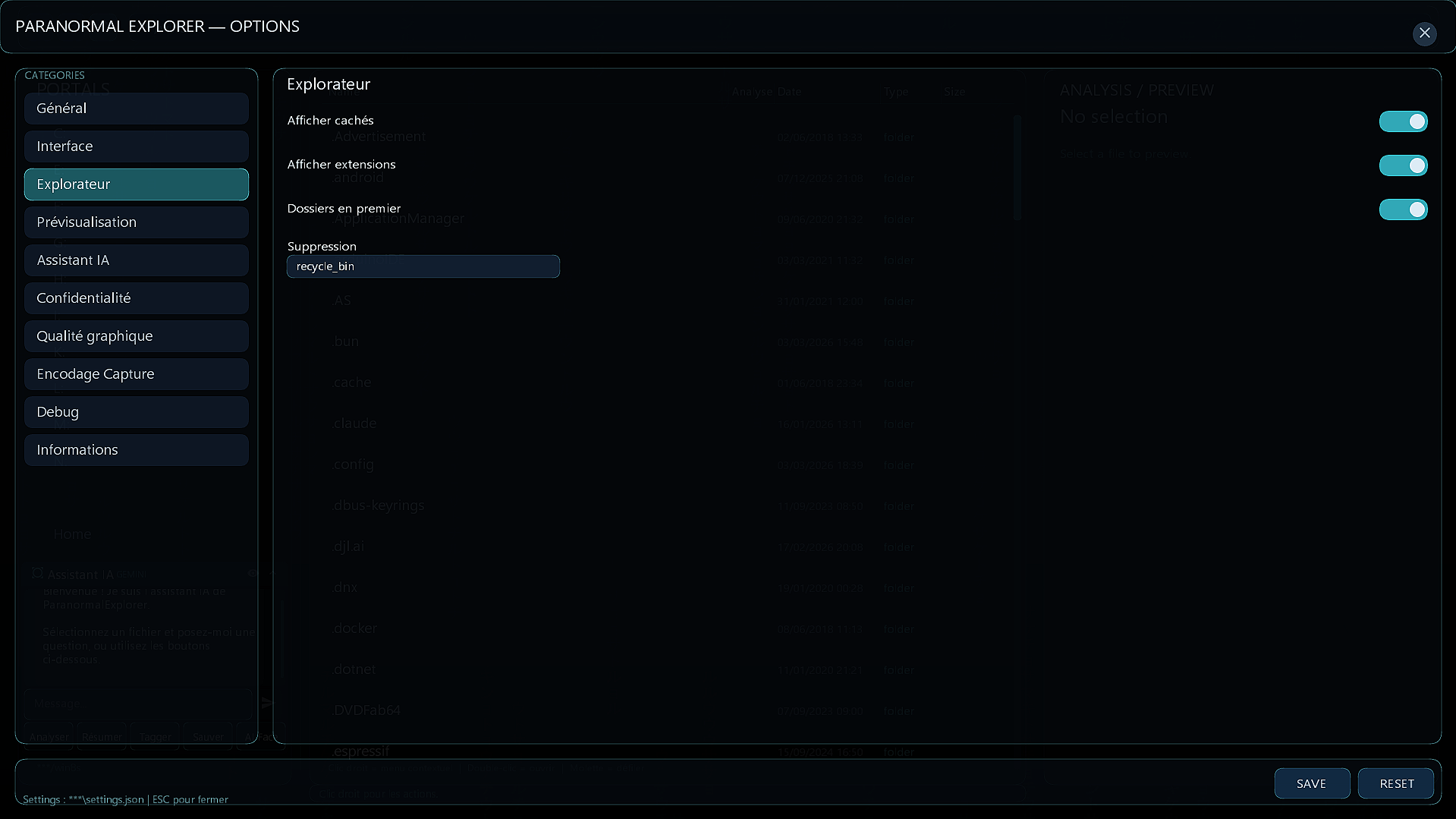 Parametres — Explorateur