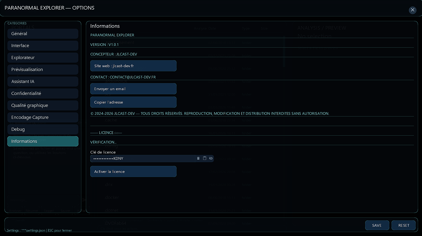 Parametres — Informations